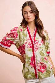 BiBi Floral Printed Woven Contrast Edge Ruffled Blouse on Simply Obsessed