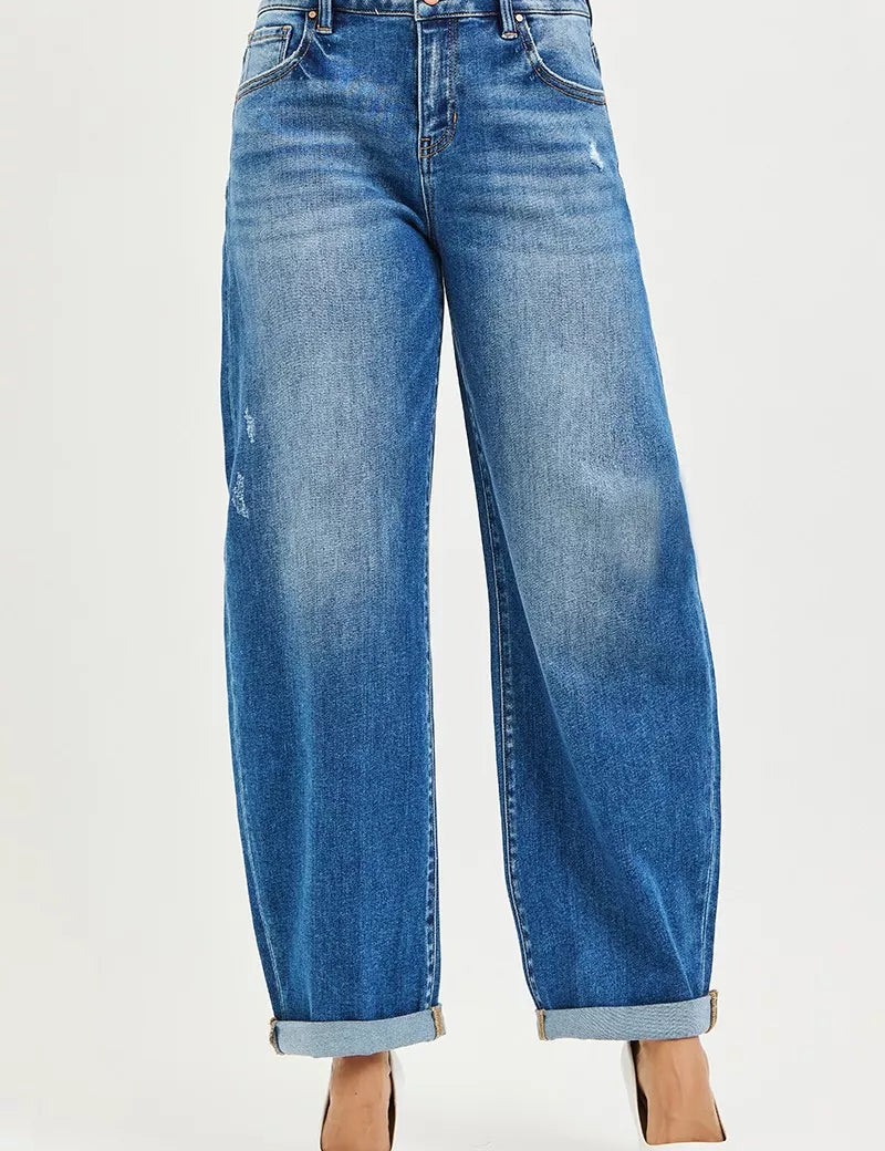RISEN Full Size Mid Rise Barrel Double Roll Up Jeans Plus Size on Simply Obsessed