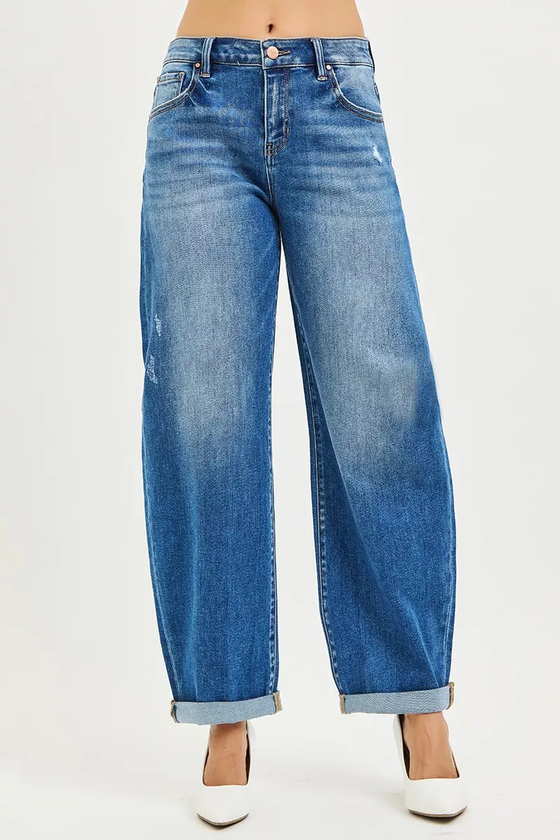 RISEN Full Size Mid Rise Barrel Double Roll Up Jeans Plus Size on Simply Obsessed
