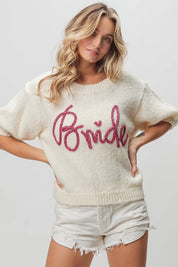 BIBI Metallic Letter Short Puff Sleeve Hairy Sweater on Simply Obsessed