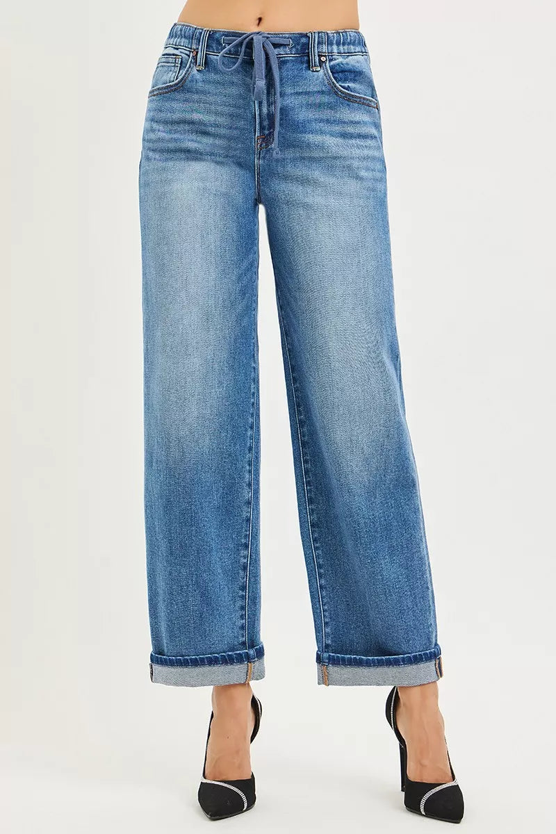 RISEN Elastic Band Slouch Ankle Boyfriend Cuffed Hem Jeans on Simply Obsessed
