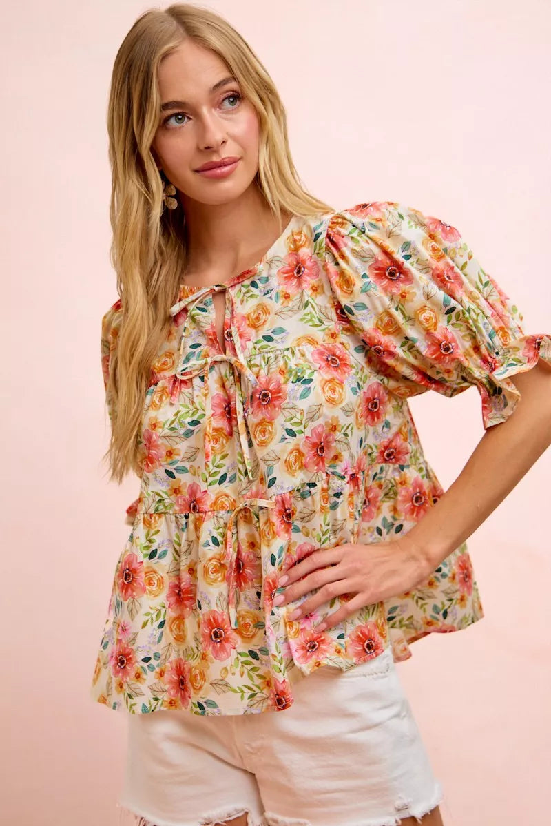 BIBI Flower Printed Shirring Detail Blouse Top on Simply Obsessed