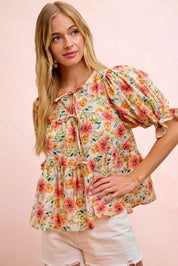 BIBI Flower Printed Shirring Detail Blouse Top on Simply Obsessed