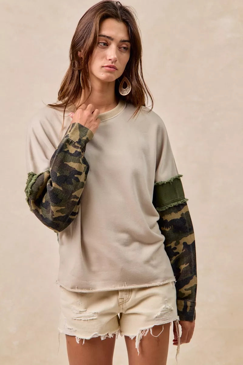 BiBi Camo Sleeve French Terry Top with Frayed Edge on Simply Obsessed