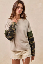 BiBi Camo Sleeve French Terry Top with Frayed Edge on Simply Obsessed