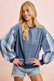 BIBI Washed Denim Lace Contrast Sided Sweatshirt **FALL DEBUT SALE** on Simply Obsessed