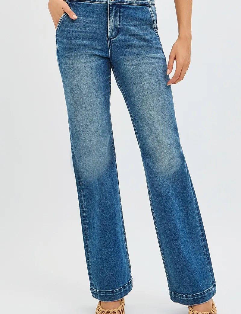 RISEN Full Size Tummy Control High Rise Bootcut Jeans with Double Button Waistband Plus Size on Simply Obsessed