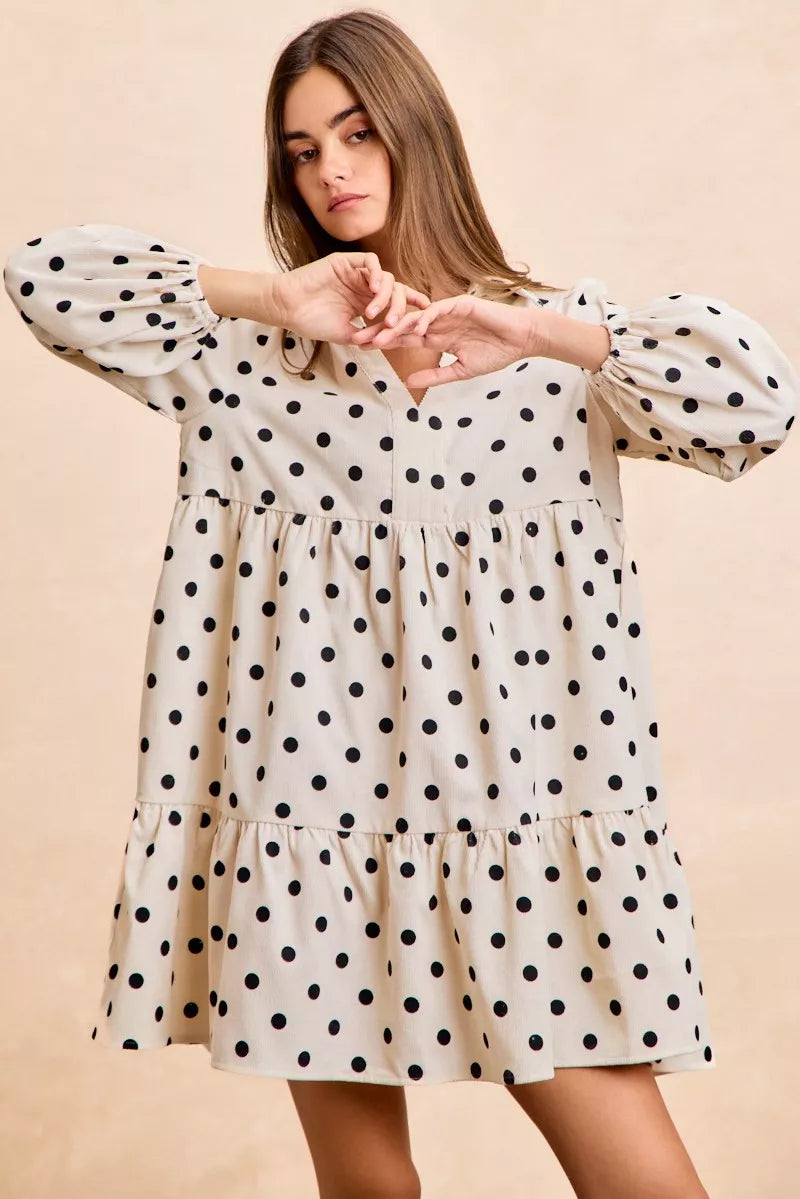 BIBI Polka Dot Corduroy Collared V Neck Dress on Simply Obsessed