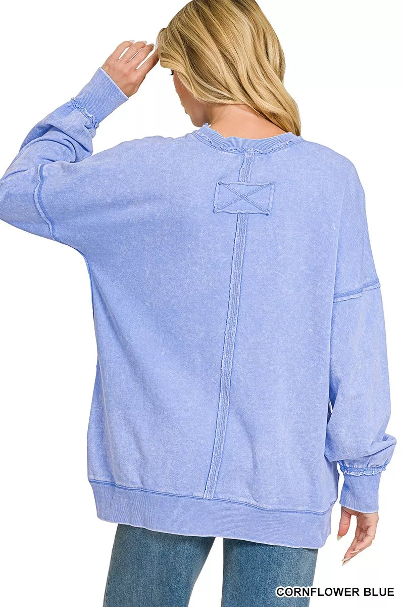 ZENANA Acid Wash Raw Edge French Terry Sweatshirt with Front Pocket on Simply Obsessed