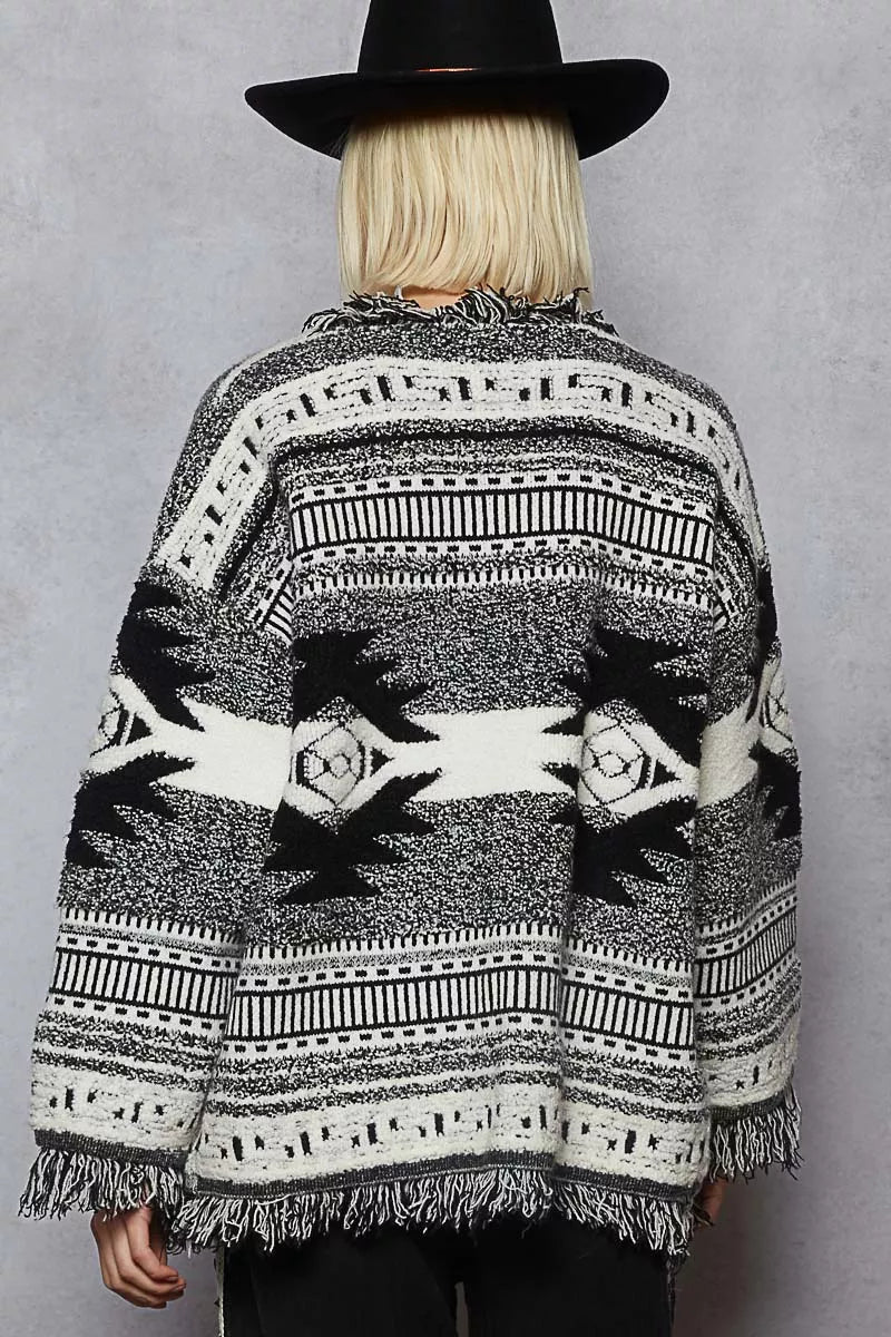 POL Open Front Geometric Print Cardigan with Fringe Detail on Simply Obsessed
