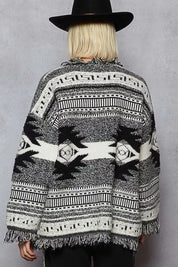 POL Open Front Geometric Print Cardigan with Fringe Detail on Simply Obsessed
