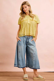 BIBI Solid Jersey With Lace Combo Ruffled Buttoned Top on Simply Obsessed