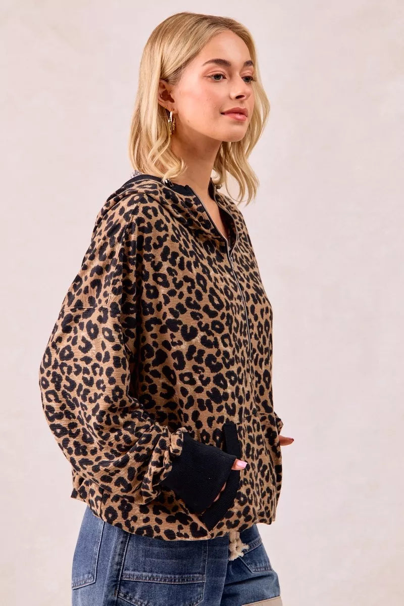 BiBi Leopard Print Waffle Half Zip Up Hoodie W Pocket on Simply Obsessed