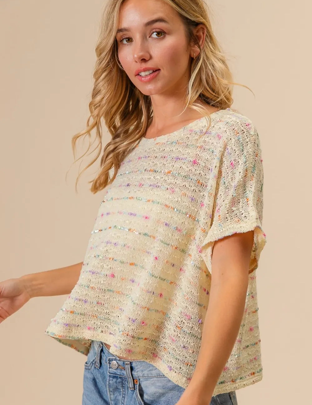 BiBi Striped Popcorn Knit Top on Simply Obsessed
