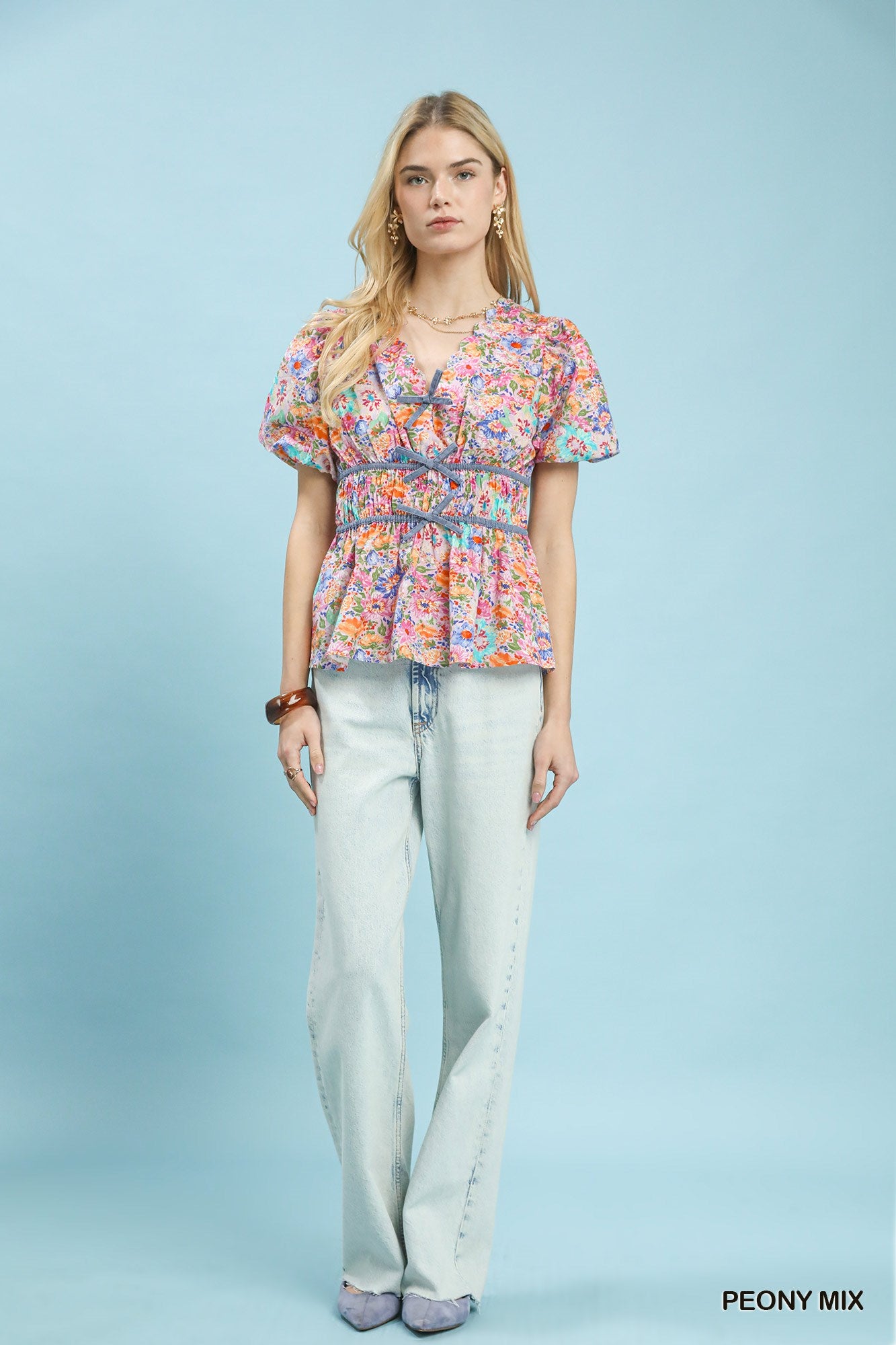 UMGEE Mix Floral Smocked Waist Blouse on Simply Obsessed