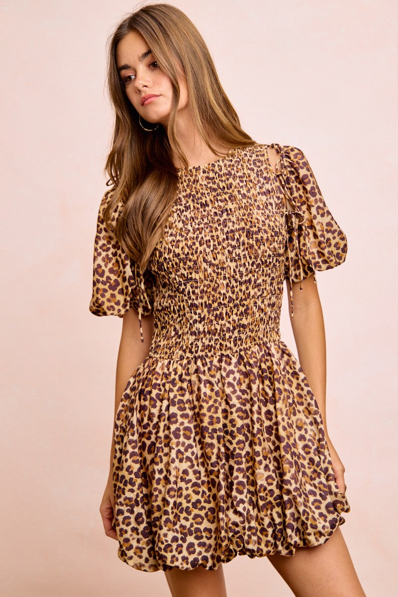 BIBI Leopard Bow Tie Attachable Puff Sleeves Dress on Simply Obsessed