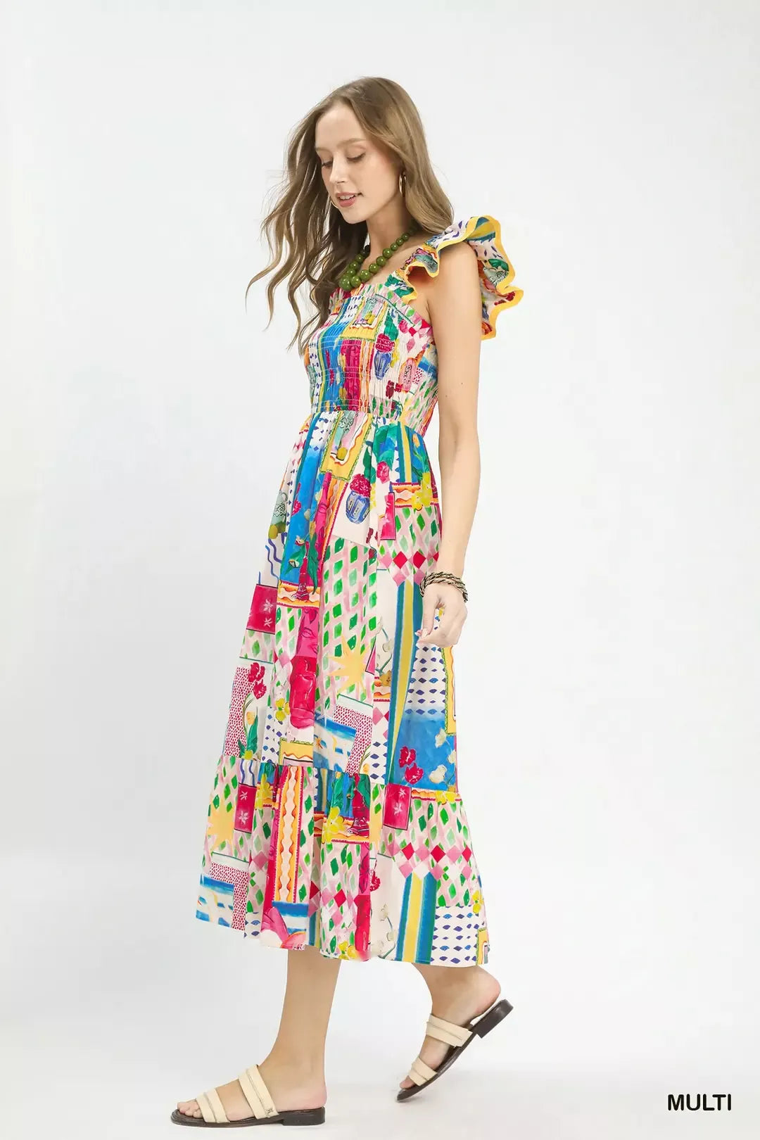 UMGEE Abstract Print Smocked Ruffle Sleeve Tiered Midi Dress on Simply Obsessed