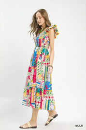 UMGEE Abstract Print Smocked Ruffle Sleeve Tiered Midi Dress on Simply Obsessed