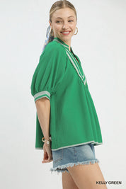 UMGEE Textured Jacquard Contrast Trim Top on Simply Obsessed