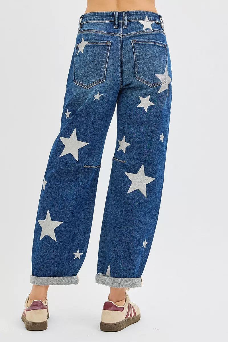RISEN Mid Rise Ankle Length Relaxed Barrel Star Printed Jeans on Simply Obsessed