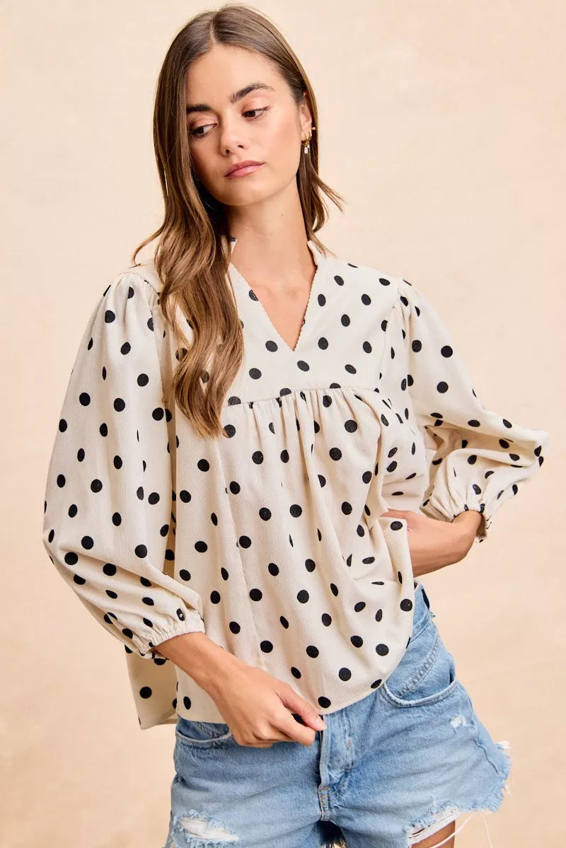 BIBI Polka Dot Corduroy Quarter Sleeves V Neck Blouse on Simply Obsessed
