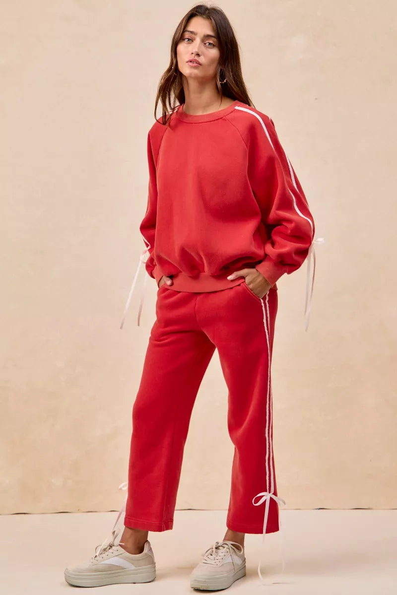 BiBi Side Lined Bow Details Fleece Sweatpants on Simply Obsessed