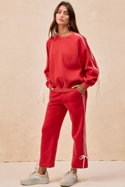 BiBi Side Lined Bow Details Fleece Sweatpants on Simply Obsessed