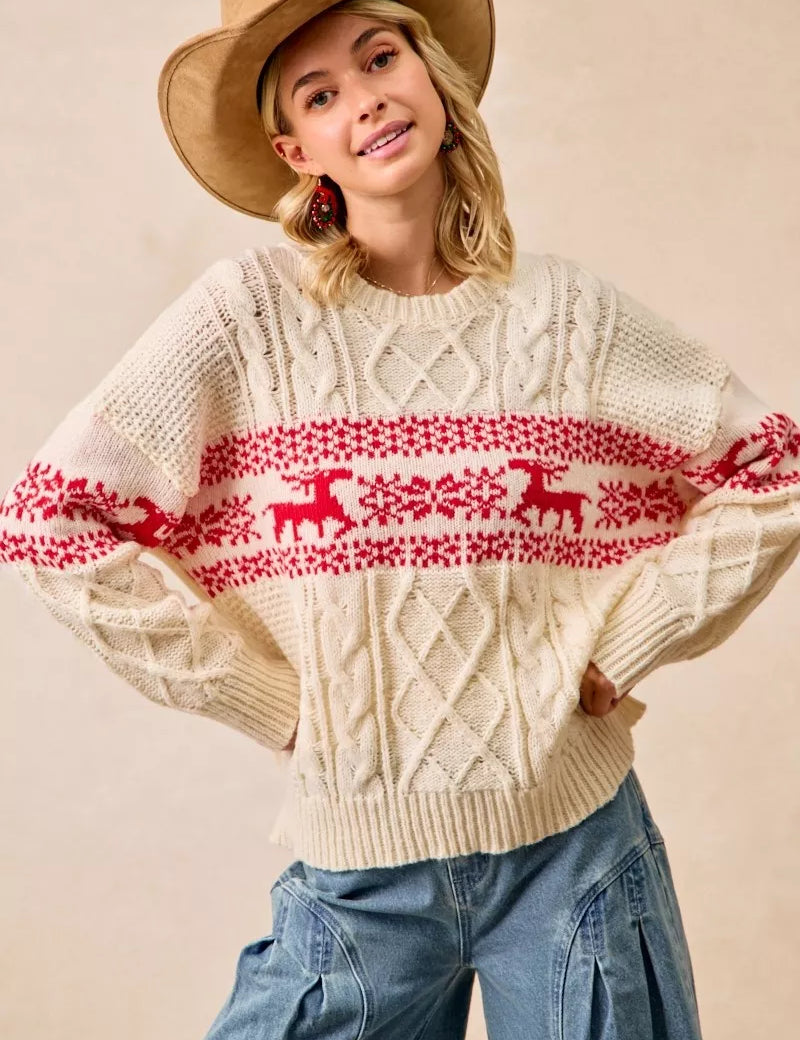 BIBI Christmas Theme Patterned Cable Knit Sweater on Simply Obsessed