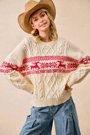 BIBI Christmas Theme Patterned Cable Knit Sweater on Simply Obsessed