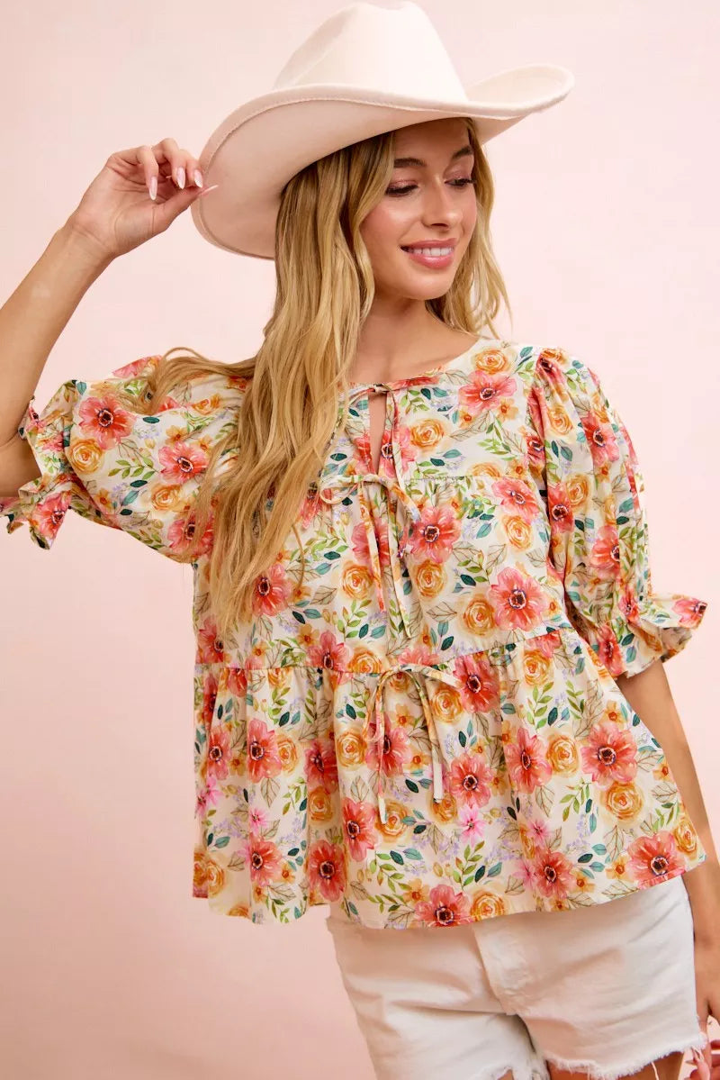 BIBI Flower Printed Shirring Detail Blouse Top on Simply Obsessed