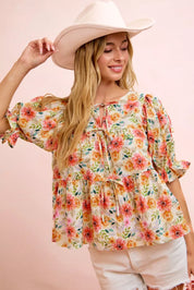 BIBI Flower Printed Shirring Detail Blouse Top on Simply Obsessed