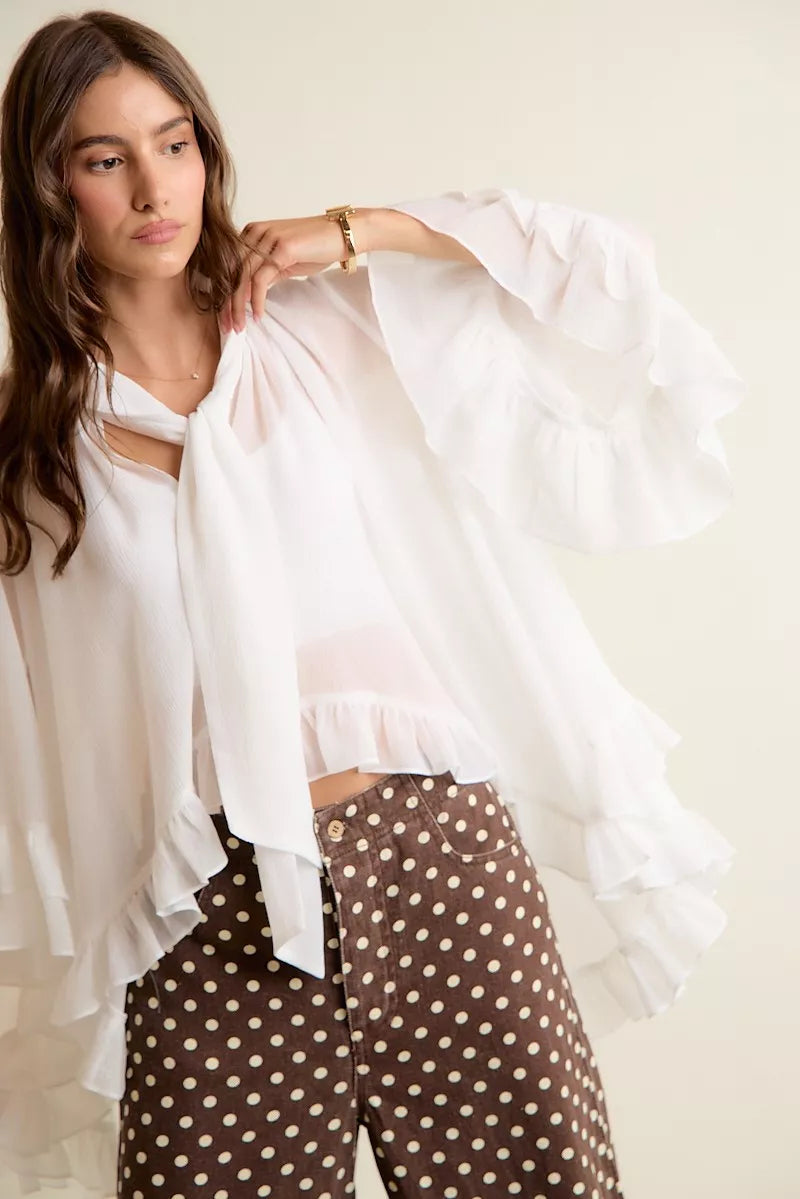 SO ME Sheer Ruffle Bell Sleeves Bow Tie Flowy Blouse Top on Simply Obsessed
