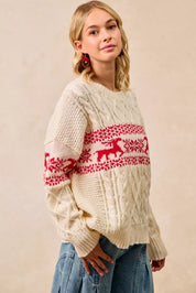 BIBI Christmas Theme Patterned Cable Knit Sweater on Simply Obsessed