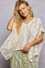 POL Asymmetrical V-Neck Short Sleeve Lace Top on Simply Obsessed