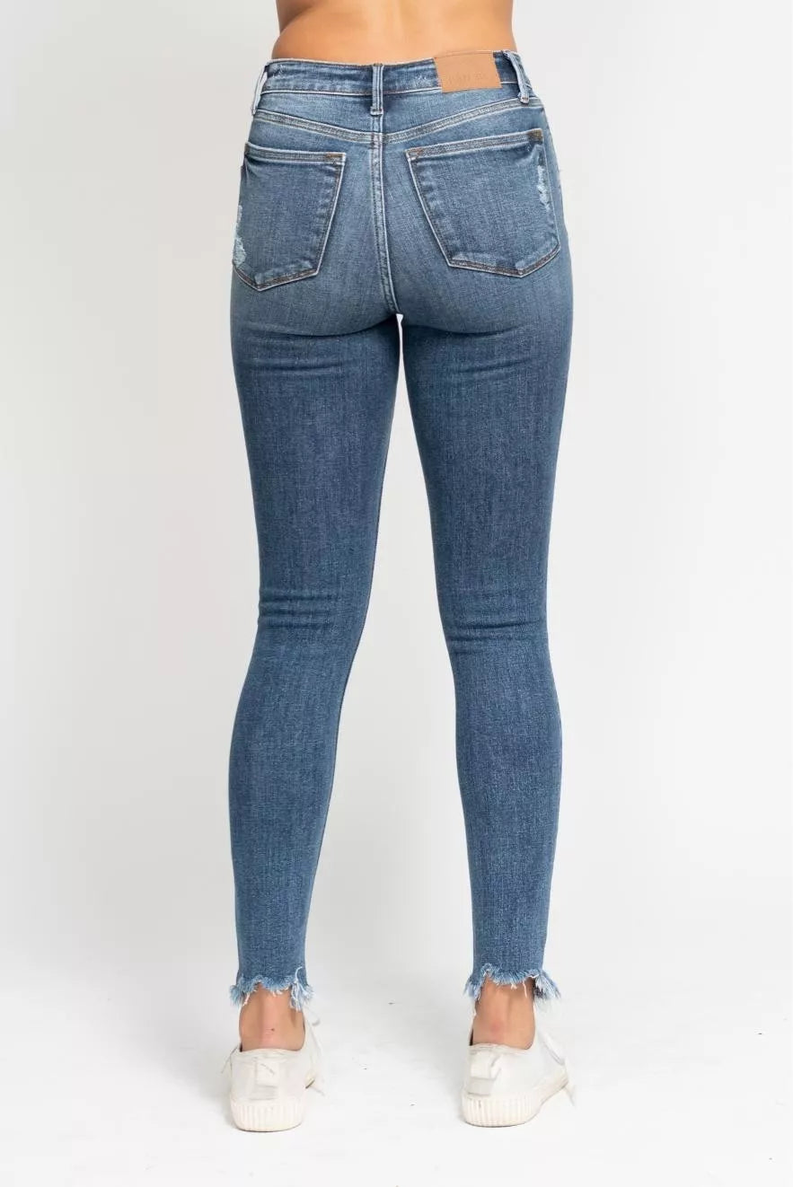JUDY BLUE High Waist Skinny Jeans with Destroy & Shark Bit Hem on Simply Obsessed