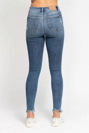 JUDY BLUE High Waist Skinny Jeans with Destroy & Shark Bit Hem on Simply Obsessed
