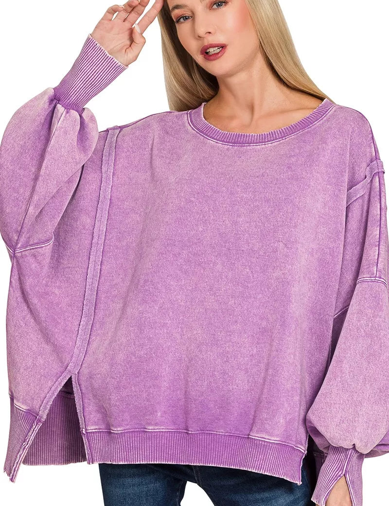 ZENANA Acid Washed Batwing Sleeve Fleece Sweatshirt on Simply Obsessed
