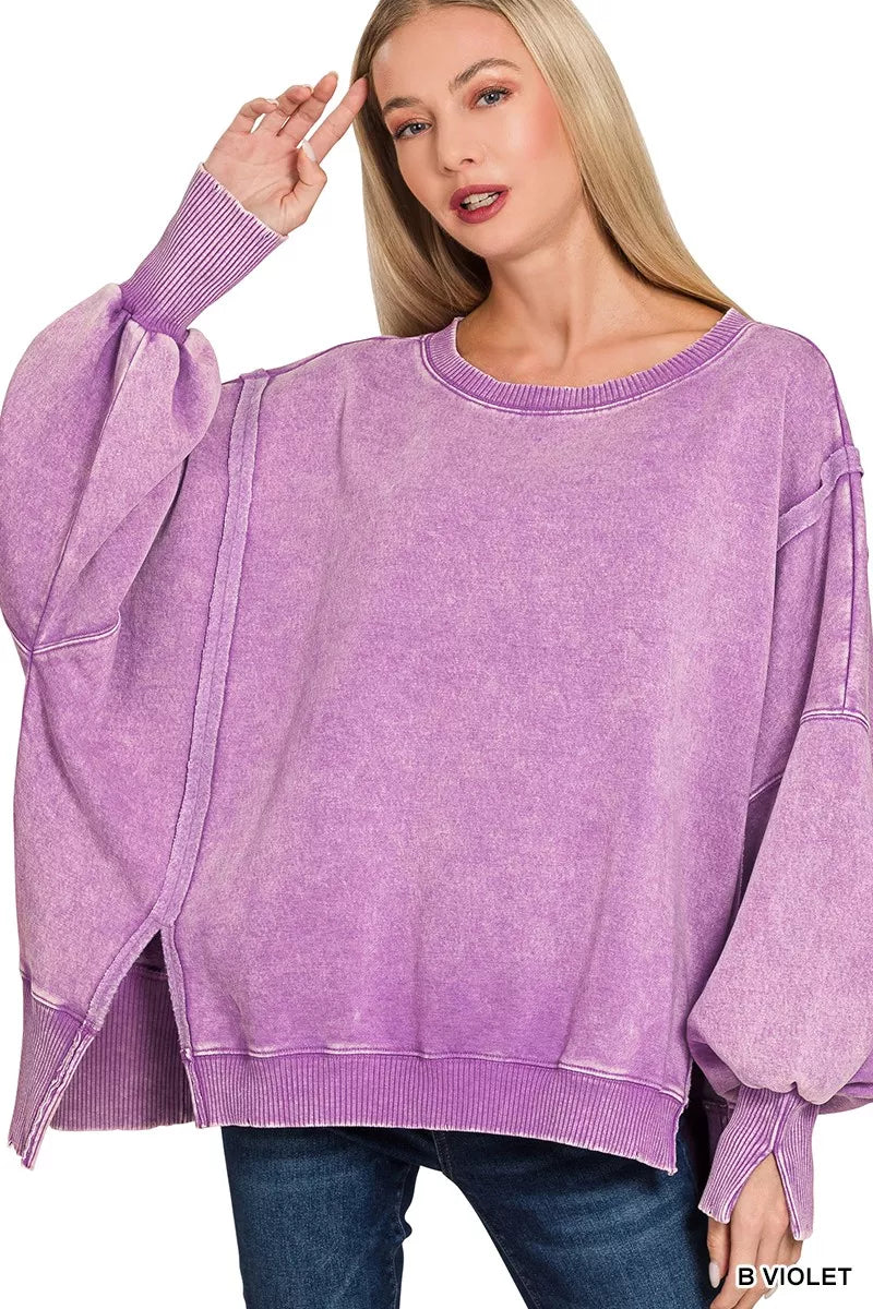 ZENANA Acid Washed Batwing Sleeve Fleece Sweatshirt on Simply Obsessed