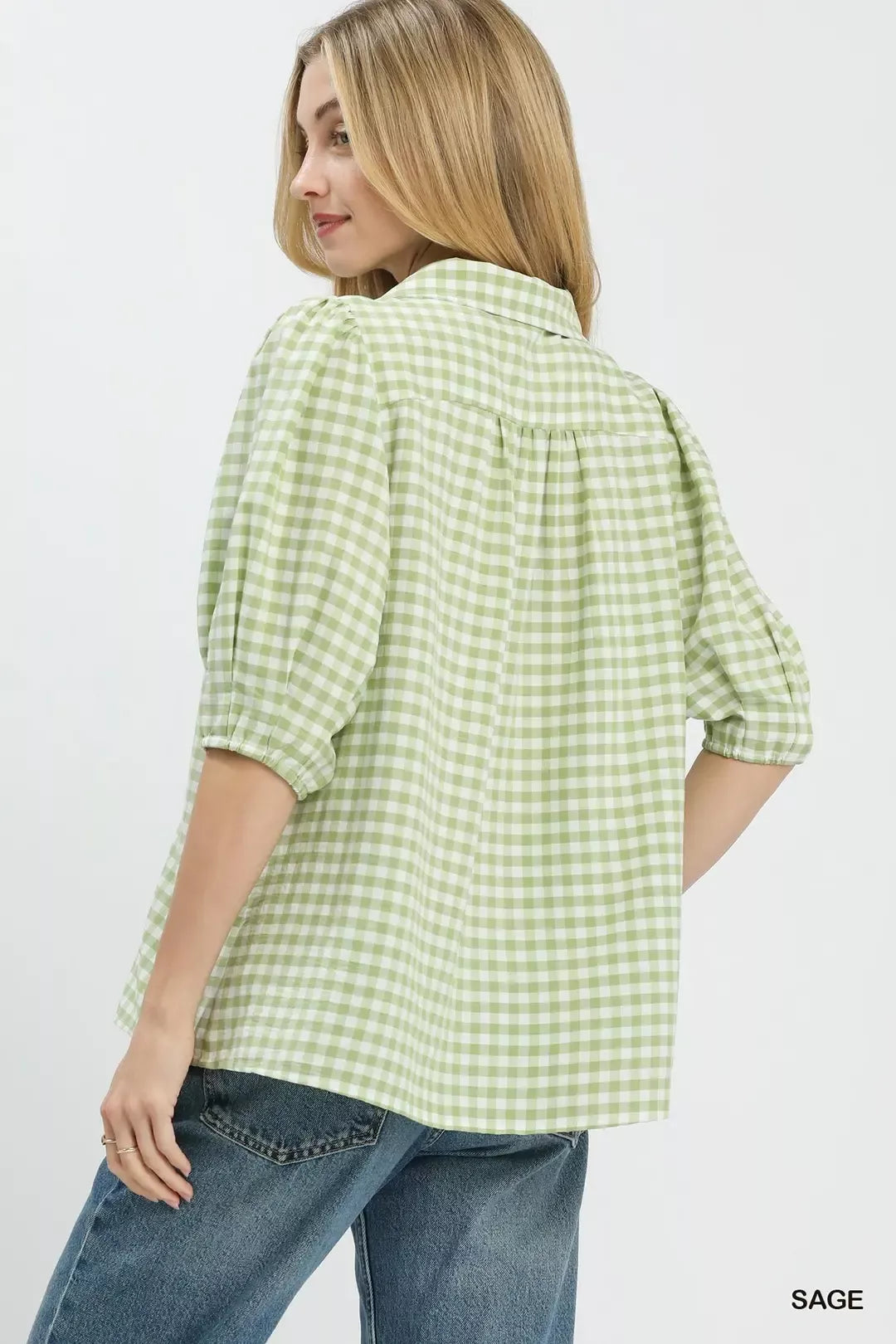 UMGEE Gingham Puff Sleeve Collared Blouse on Simply Obsessed