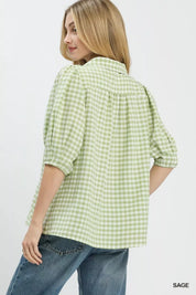 UMGEE Gingham Puff Sleeve Collared Blouse on Simply Obsessed