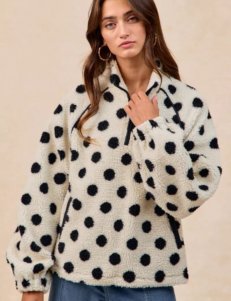BIBI Polka Dot Sherpa Half Zip Up Top with Side Pocket on Simply Obsessed