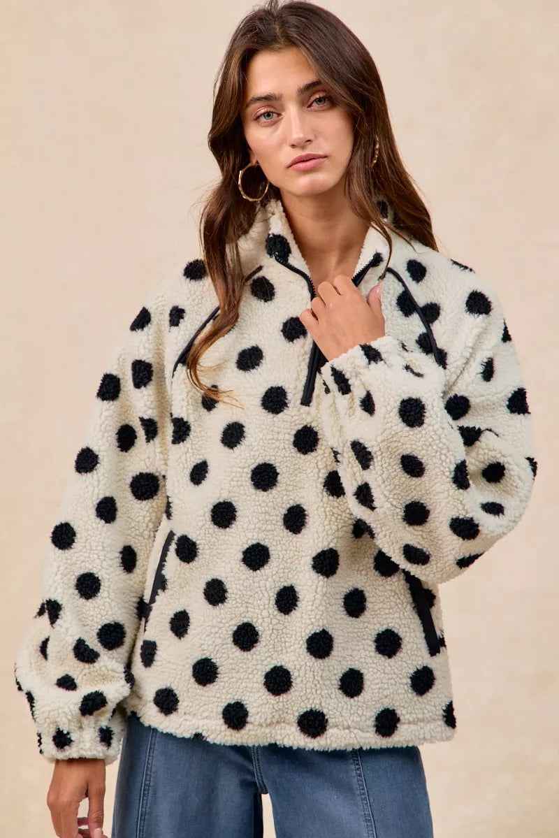 BIBI Polka Dot Sherpa Half Zip Up Top with Side Pocket on Simply Obsessed
