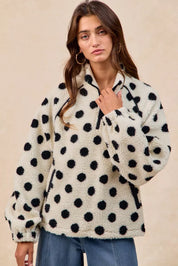 BIBI Polka Dot Sherpa Half Zip Up Top with Side Pocket on Simply Obsessed
