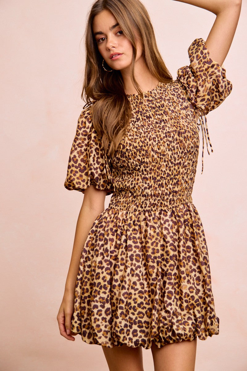 BIBI Leopard Bow Tie Attachable Puff Sleeves Dress on Simply Obsessed