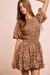 BIBI Leopard Bow Tie Attachable Puff Sleeves Dress on Simply Obsessed