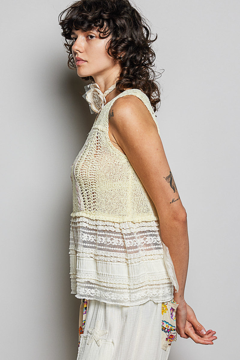 POL V-Neck Crochet Sweater Vest with Lace Trim on Simply Obsessed