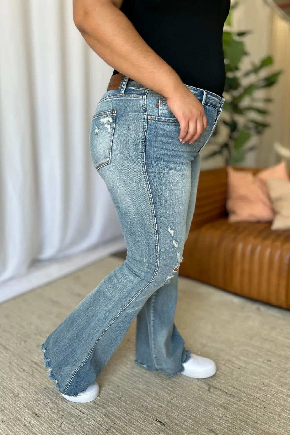 JUDY BLUE Full Size Medium Rise Tummy Control Destroy Flare on Simply Obsessed