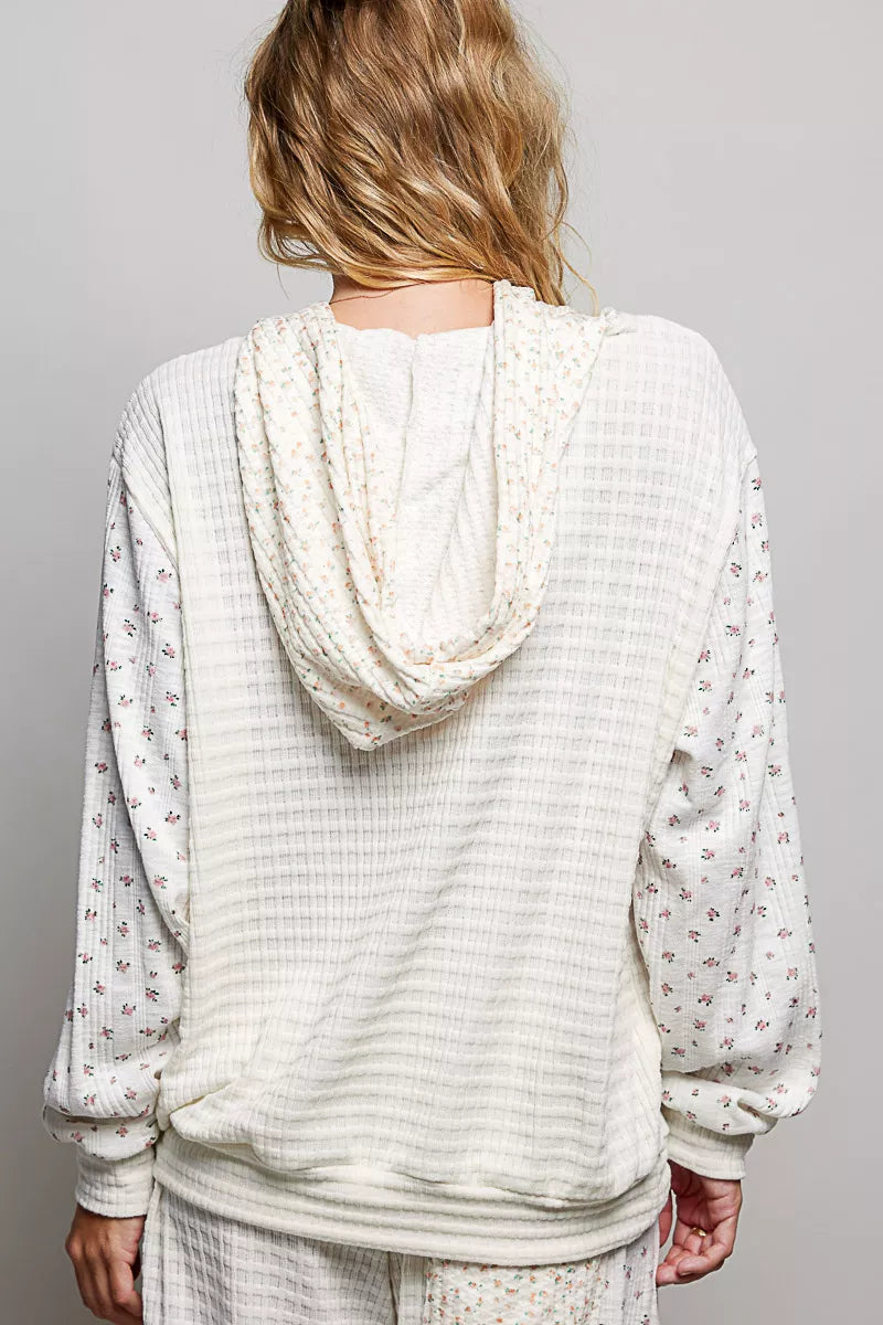 POL Mixed Knit Contrast Print Sleeve Hoodie with Kangaroo Pocket on Simply Obsessed