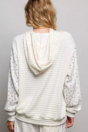 POL Mixed Knit Contrast Print Sleeve Hoodie with Kangaroo Pocket on Simply Obsessed