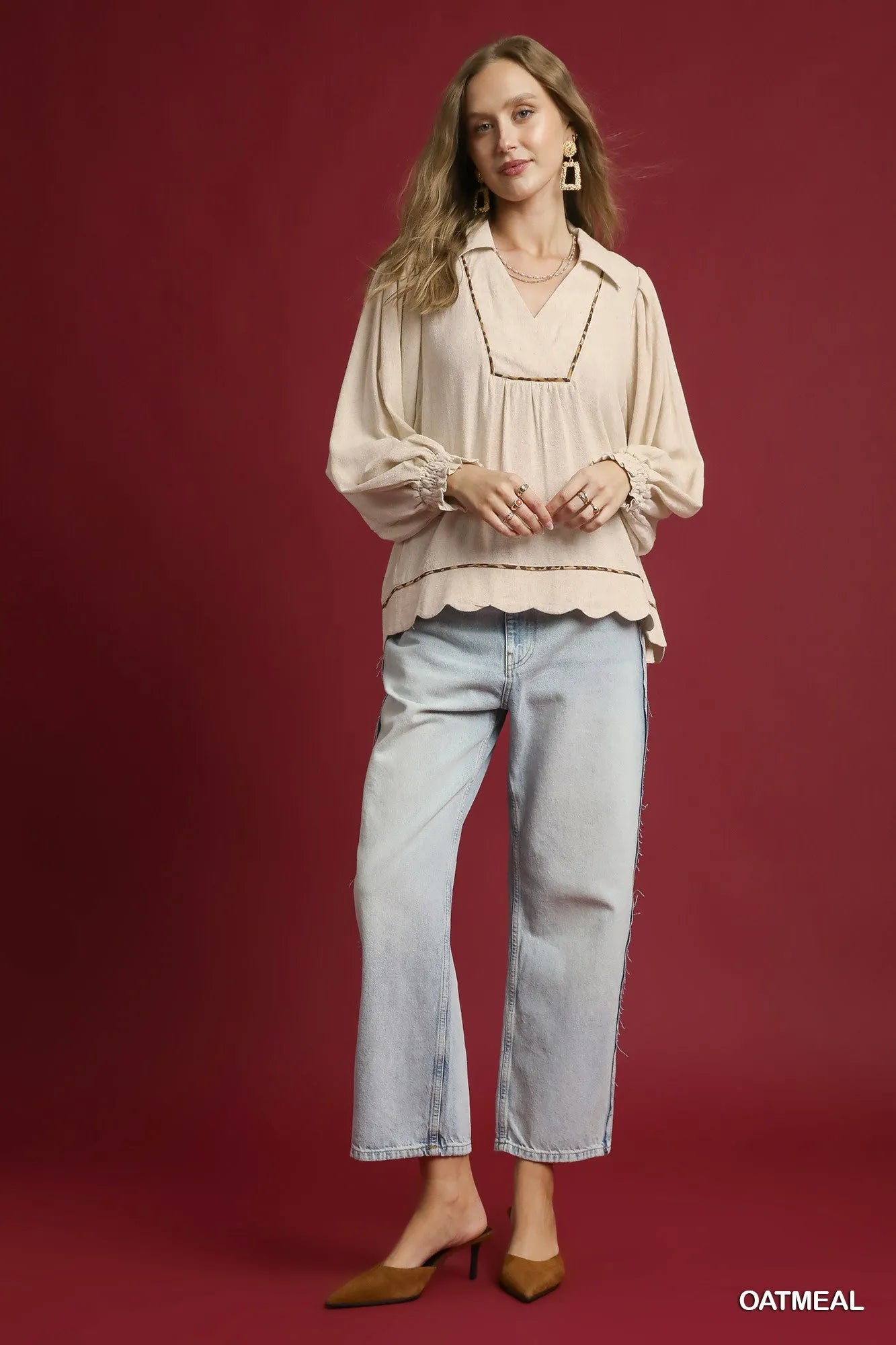 UMGEE Full Size Linen Scallop Hem Blouse with Contrast Trim Plus Size on Simply Obsessed